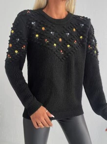 EURMUSE Embroidery Detail Round Neck Jumper Without Blouse - Black - View 5