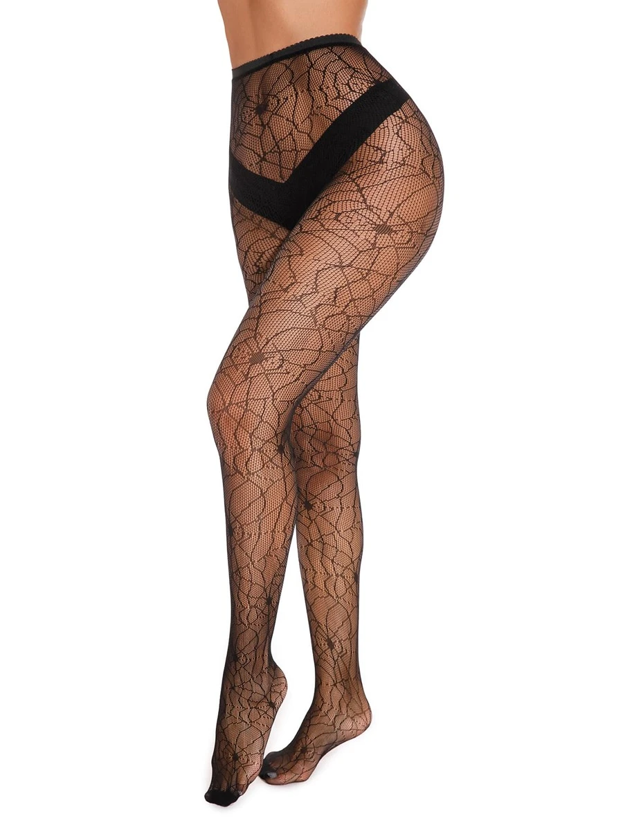 Spider Web Pattern Fishnet Tights - Black - View 1