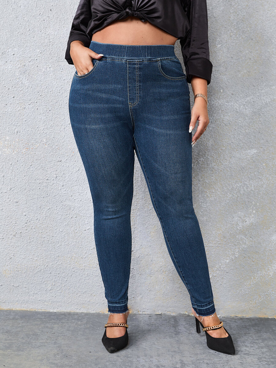 SHEIN Essnce Plus Elastic Waist Raw Cut Skinny Jeans - Dark Wash - View 1