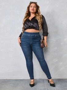 SHEIN Essnce Plus Elastic Waist Raw Cut Skinny Jeans - Dark Wash - View 3