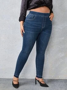 SHEIN Essnce Plus Elastic Waist Raw Cut Skinny Jeans - Dark Wash - View 4