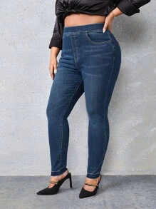 SHEIN Essnce Plus Elastic Waist Raw Cut Skinny Jeans - Dark Wash - View 5