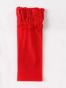 女士红色撞色蕾丝过膝袜，适合搭配迷你裙 - 紅色 - 查看 2