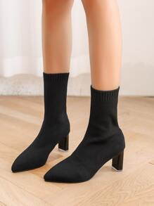 Point Toe Chunky Heeled Sock Boots - Black - View 3