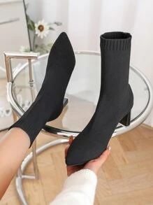 Point Toe Chunky Heeled Sock Boots - Black - View 9