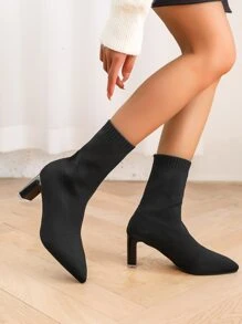 Point Toe Chunky Heeled Sock Boots - Black - View 5