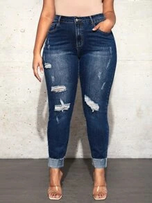 SHEIN SXY Plus Ripped Slant Pocket Skinny Jeans - Navy Blue - View 1