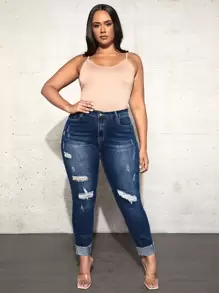 SHEIN SXY Plus Ripped Slant Pocket Skinny Jeans - Navy Blue - View 5