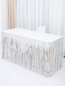1pc Fringe Trim Disposable PE Table Skirt,Simple Holographic Self-Adhesive Table Cover For Party,Christmas - Silver - View 6