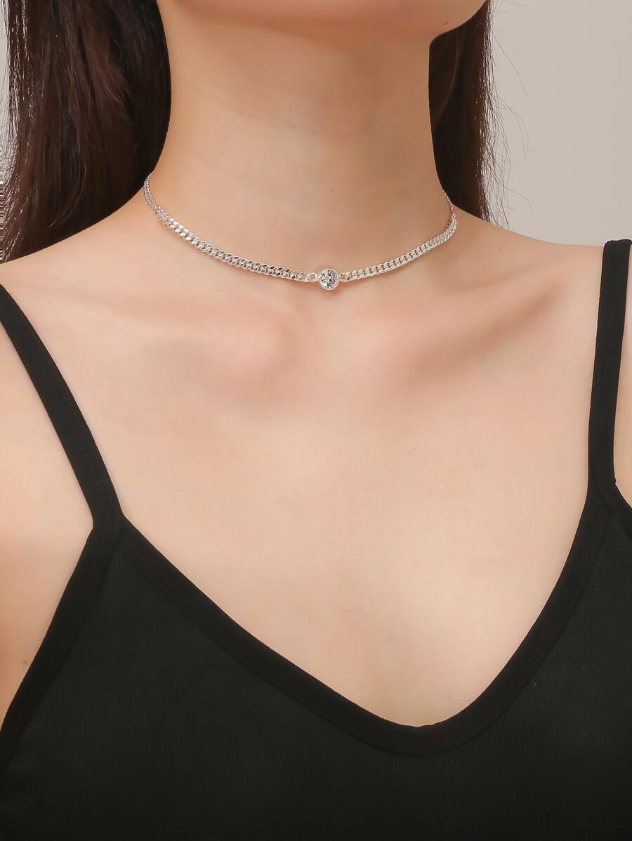 方晶鋯石裝飾頸鏈 - 銀色 - 查看 1