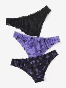 ROMWE Kawaii 3pack Letter Cartoon Bear Graphic Lettuce Trim Panty Set - Multicolor - View 2