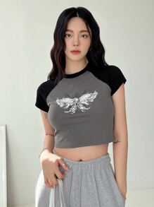 DAZY Áo thun nữ tay lỡ họa tiết động vật - Màu xám đen - Xem 4