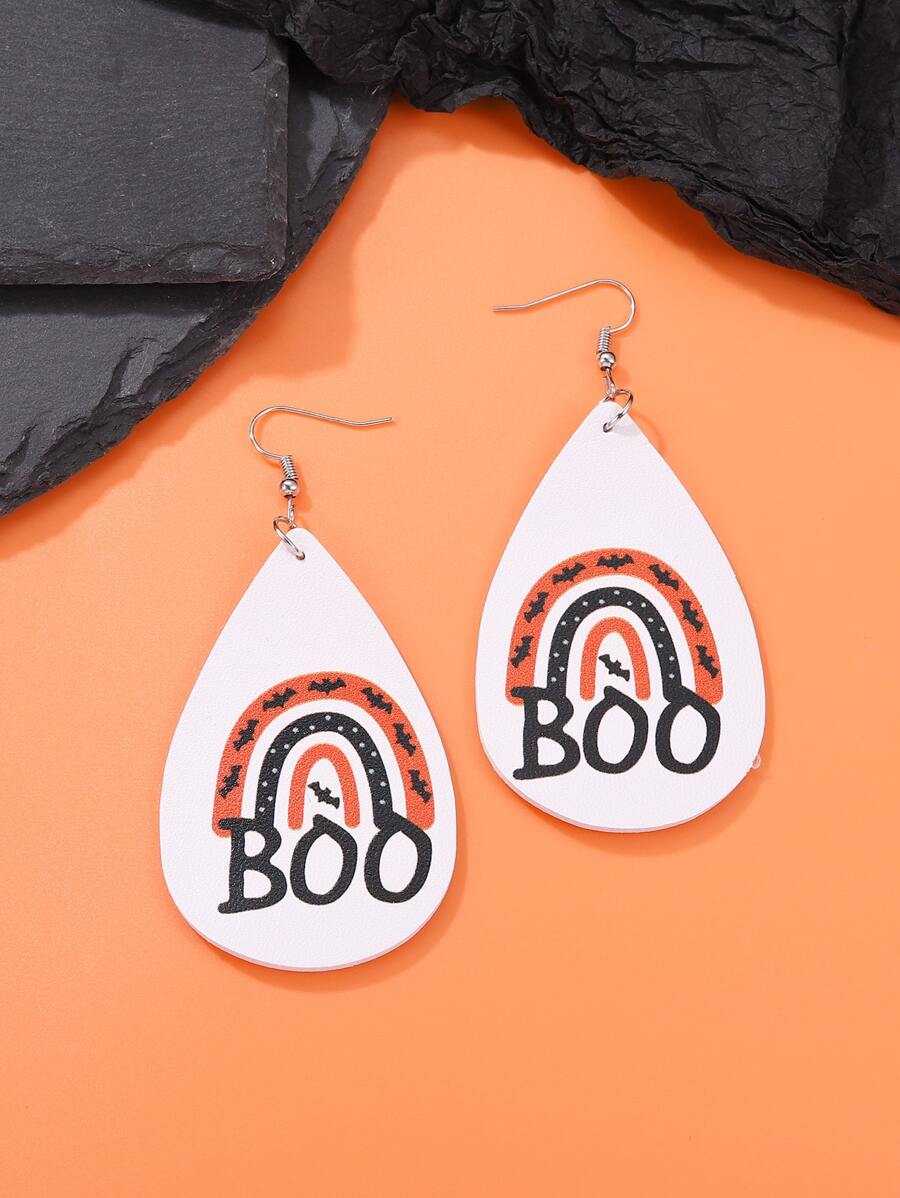Halloween Letter & Bat Pattern Water Drop Earrings - Orange - View 1