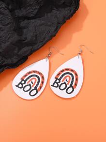 Halloween Letter & Bat Pattern Water Drop Earrings - Orange - View 2