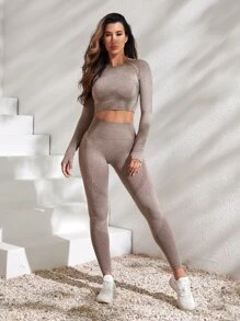 Yoga Basic 2pcs Seamless High Stretch Yoga Set Sports Suit Thumbholes Top-stitching Raglan Sleeve Tee Tummy Control Leggings - Khaki - View 7