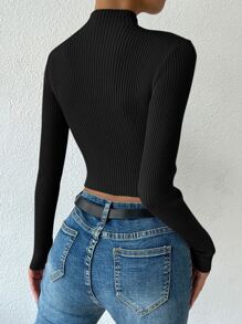 SHEIN Unity Mock Neck Cable Knit Crop Sweater,Long Sleeve Tops Knit Pullover Fall Winter - Black - View 2