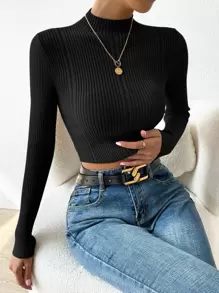 SHEIN Unity Mock Neck Cable Knit Crop Sweater,Long Sleeve Tops Knit Pullover Fall Winter - Black - View 4