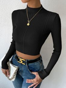 SHEIN Unity Mock Neck Cable Knit Crop Sweater,Long Sleeve Tops Knit Pullover Fall Winter - Black - View 5