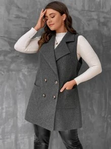 SHEIN Unity 加大翻领双排扣背心大衣，适合冬季 - 深灰色 - 查看 3