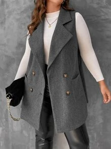 SHEIN Unity 加大翻领双排扣背心大衣，适合冬季 - 深灰色 - 查看 5