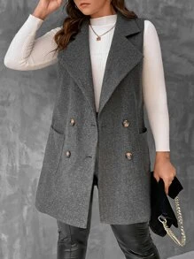 SHEIN Unity 加大翻领双排扣背心大衣，适合冬季 - 深灰色 - 查看 6