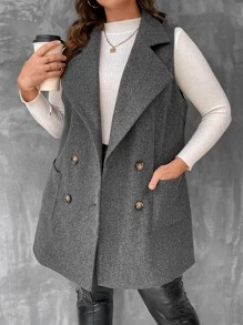 SHEIN Unity 加大翻领双排扣背心大衣，适合冬季 - 深灰色 - 查看 7