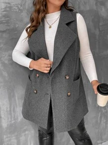 SHEIN Unity 加大翻领双排扣背心大衣，适合冬季 - 深灰色 - 查看 8