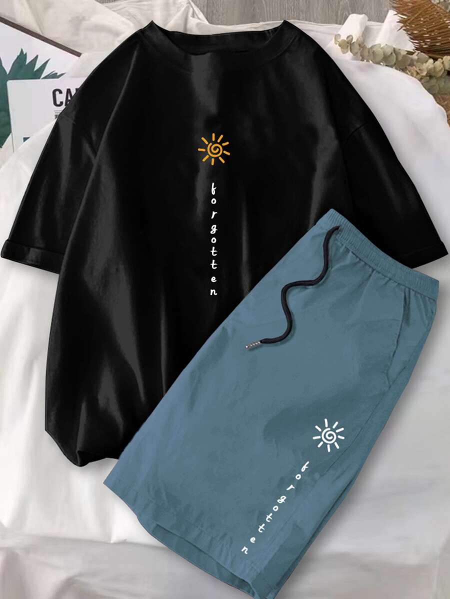 Claim Dot 2pcs Men's Casual Letter Print T-Shirt And Shorts Set, Summer - Multicolor - View 1