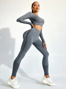 Conjunto de Yoga inconsútil para Fitness, 2 piezas, traje deportivo Top de manga raglán con Leggings push up con glúteos redondeados - Gris Oscuro - Ver 3