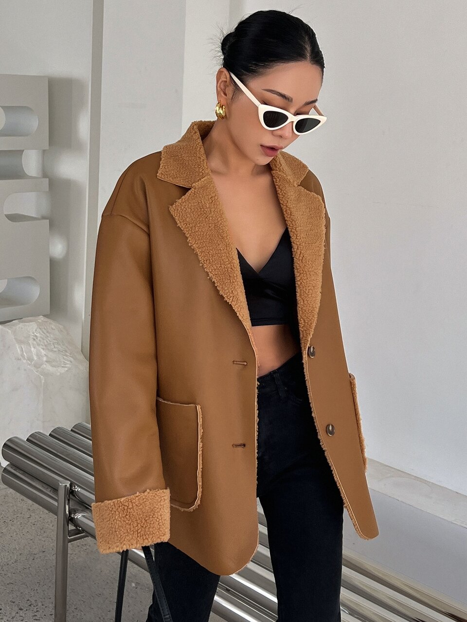 Dual Pocket Drop Shoulder Teddy Lined Coat