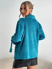 大翻領扣飾袖開門襟法蘭絨外套 - 水鴨藍 - 查看 2