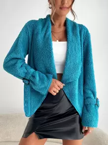 大翻領扣飾袖開門襟法蘭絨外套 - 水鴨藍 - 查看 1