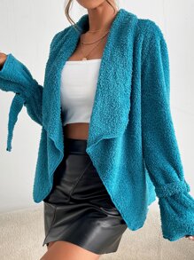 大翻領扣飾袖開門襟法蘭絨外套 - 水鴨藍 - 查看 4