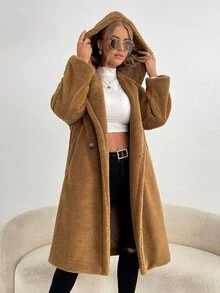 Double Button Hooded Flannel Coat - Brown - View 3