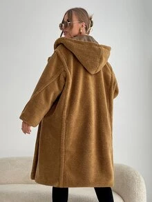 Double Button Hooded Flannel Coat - Brown - View 2