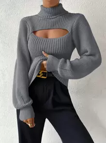 SHEIN Allurite Turtleneck Cut Out Eyelet Detail Jumper - Grey - View 5