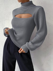 SHEIN Allurite Turtleneck Cut Out Eyelet Detail Jumper - Grey - View 6