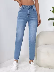 SHEIN EZwear High Waist Mom Fit Jeans - Light Wash - View 1