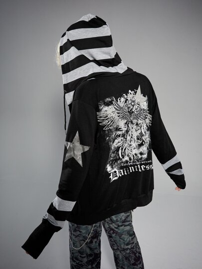 Grunge Punk Striped Letter Wings Graphic Zip Up Hoodie