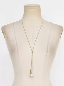 BizChic Faux Pearl & Rectangle Charm Y Lariat Necklace