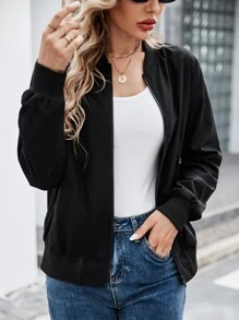 SHEIN EZwear 秋冬拉链纯色休闲飞行员夹克