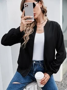 SHEIN EZwear 秋冬拉链纯色休闲飞行员夹克