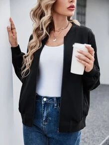 SHEIN EZwear 秋冬拉链纯色休闲飞行员夹克