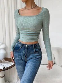 SHEIN Essnce Scoop Neck Eyelet Embroidery Ruched Crop Tee - Mint Green - View 3