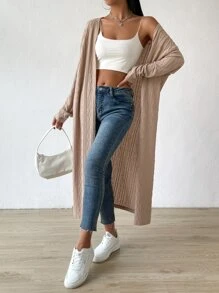 Muchica Drop Shoulder Open Front Coat - Khaki - View 4