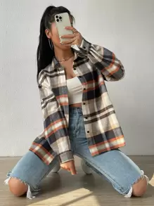SHEIN EZwear Plaid Print Drop Shoulder Shirt,Long Sleeve Tops