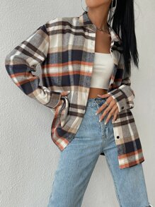 SHEIN EZwear Plaid Print Drop Shoulder Shirt,Long Sleeve Tops