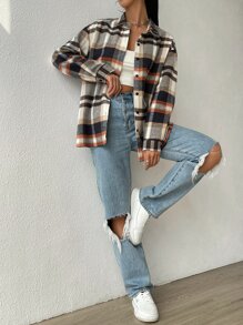 SHEIN EZwear Plaid Print Drop Shoulder Shirt,Long Sleeve Tops