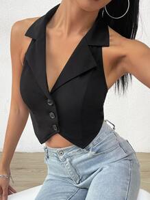 SHEIN EZwear 秋冬翻领不对称下摆短款背心西装外套 - 黑色 - 查看 4