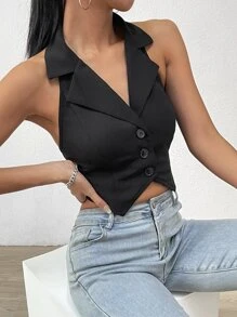 SHEIN EZwear 秋冬翻领不对称下摆短款背心西装外套 - 黑色 - 查看 6